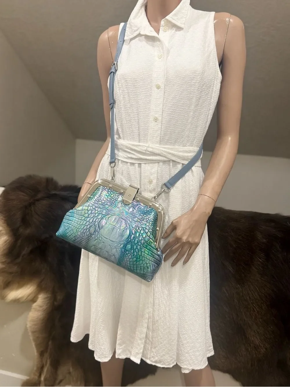 Iridescent Croc-Embossed Cowhide Handmade Unique Rivet Frame Bag, Large Size
